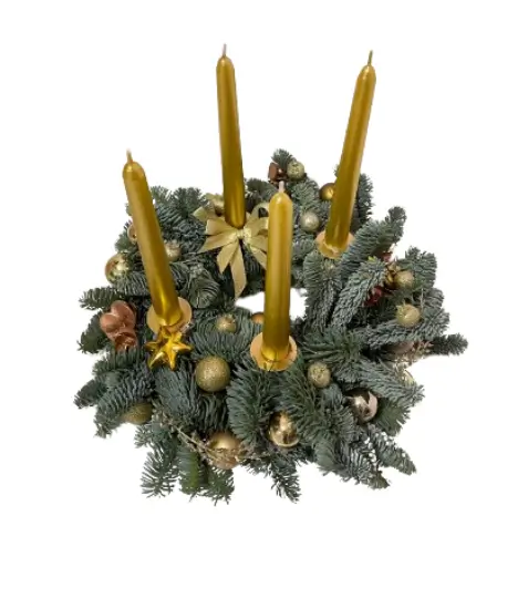 Adventní věnec zlatý s vysokými svíčkami Ø 25cm