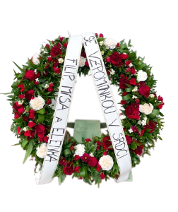 Smuteční věnec s opěrkou z červených a bílých květin