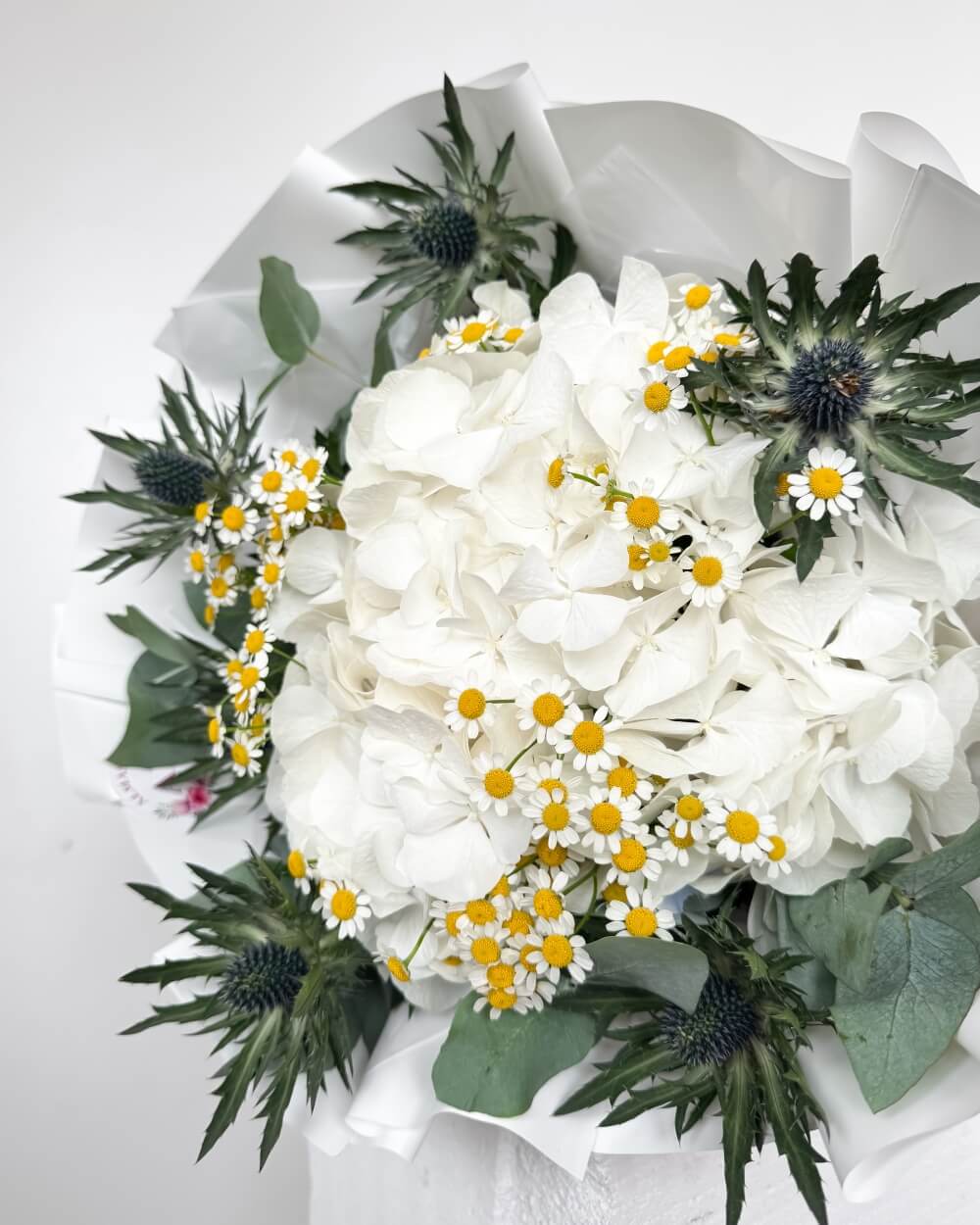 Bílá hortenzie s heřmánkem a bodlákem