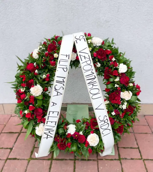 Smuteční věnec s opěrkou | Z červených a bílých květů