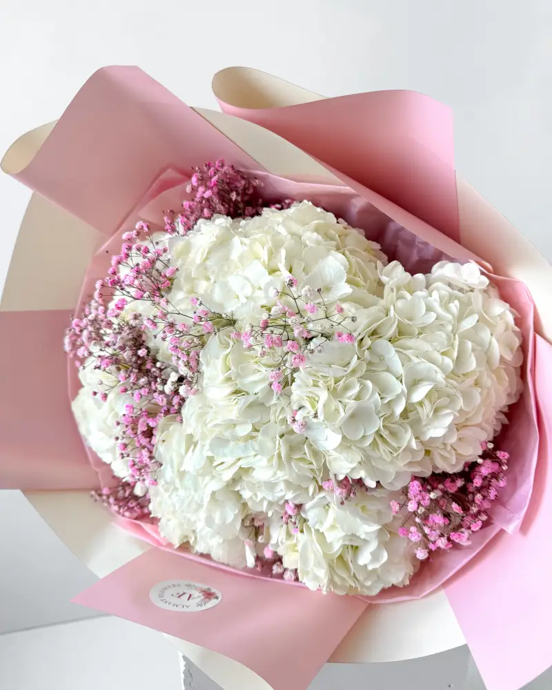 Kytice bílých hortenzií s růžovou gypsofilou