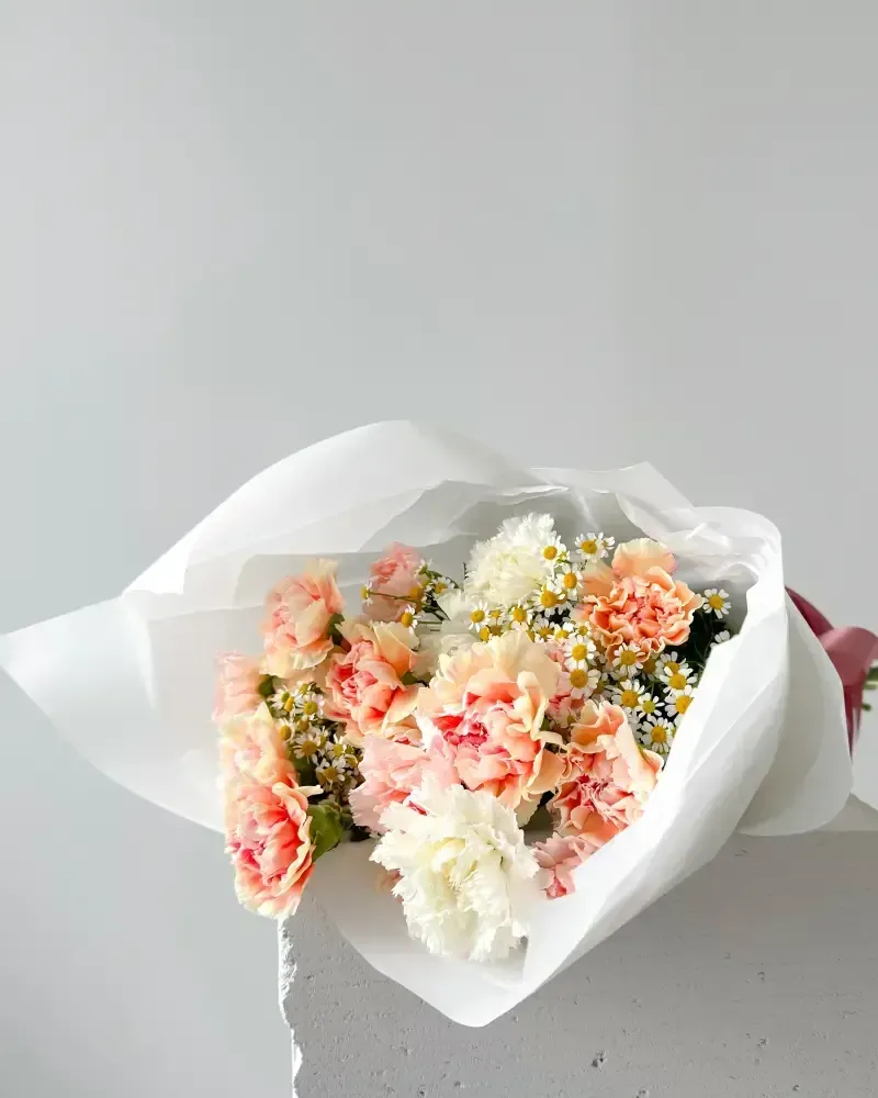 Kytice světlých karafiátů a heřmánku