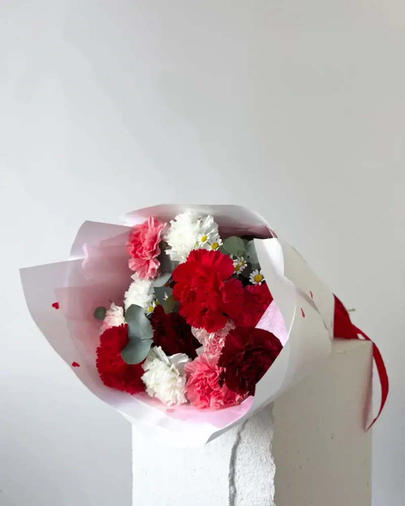 Kytice karafiátů s heřmánkem a eukalyptem