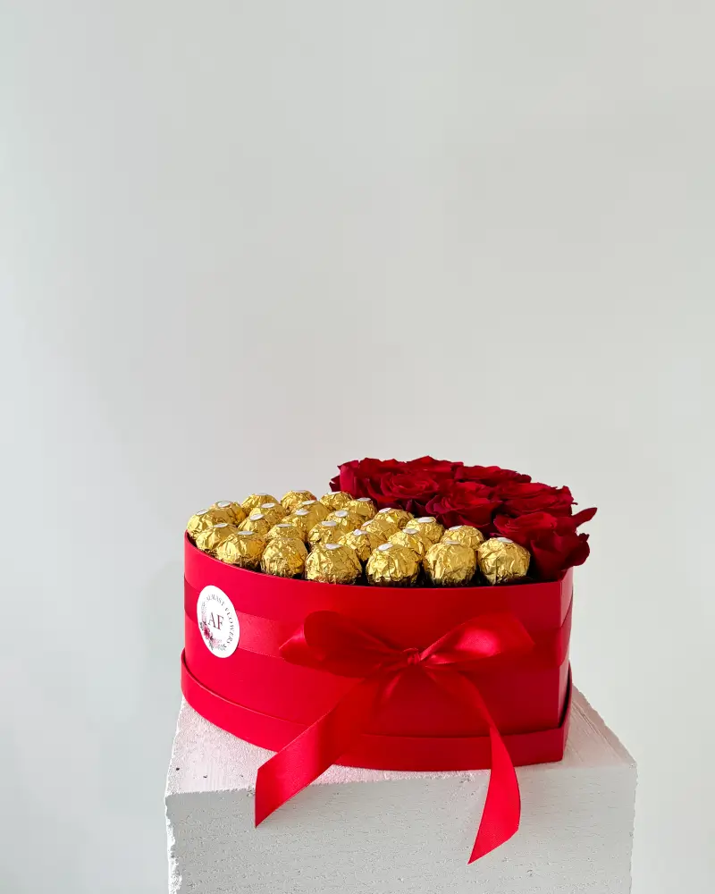 Flower Box SRDCE růže a Ferrero pralinky