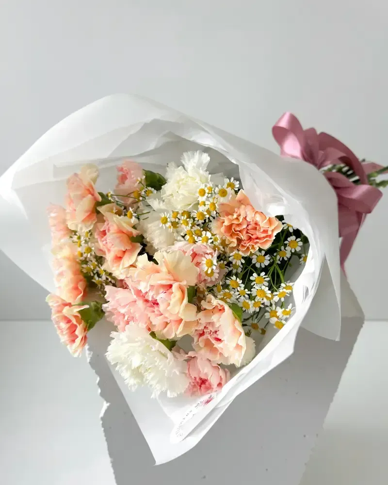 Kytice světlých karafiátů a heřmánku