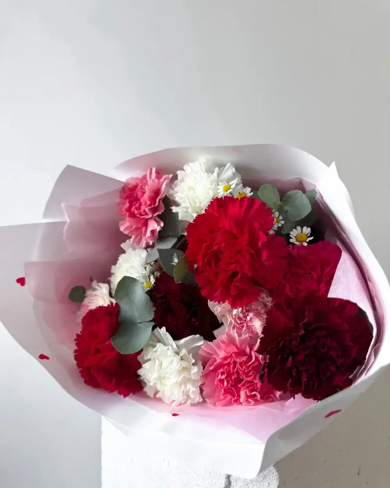 Kytice karafiátů s heřmánkem a eukalyptem