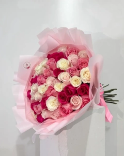 Kytice 51 růžových a bílých růží 70cm